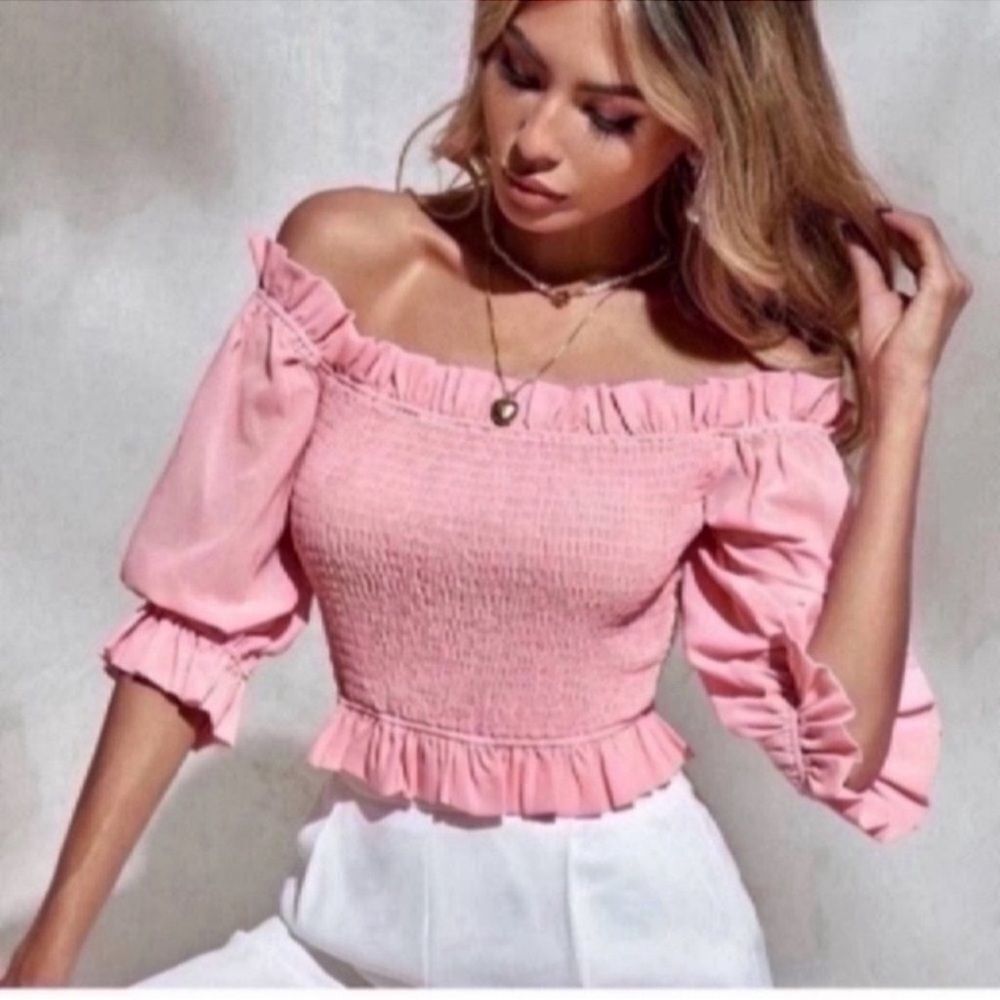 Off The Shoulder Frill Trim Flounce Sleeve Top